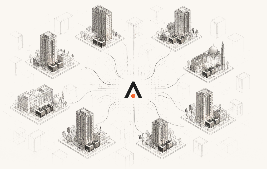 Buildings across a city connected to the Almadar platform