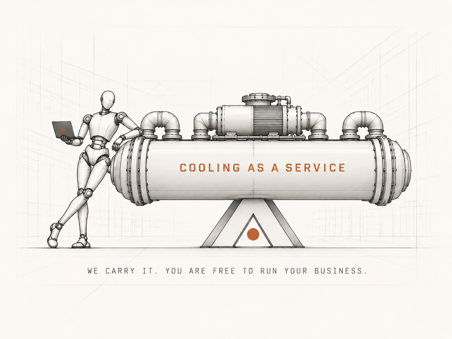 A relaxed robot beside a Cooling as a Service chiller supported by Almadar